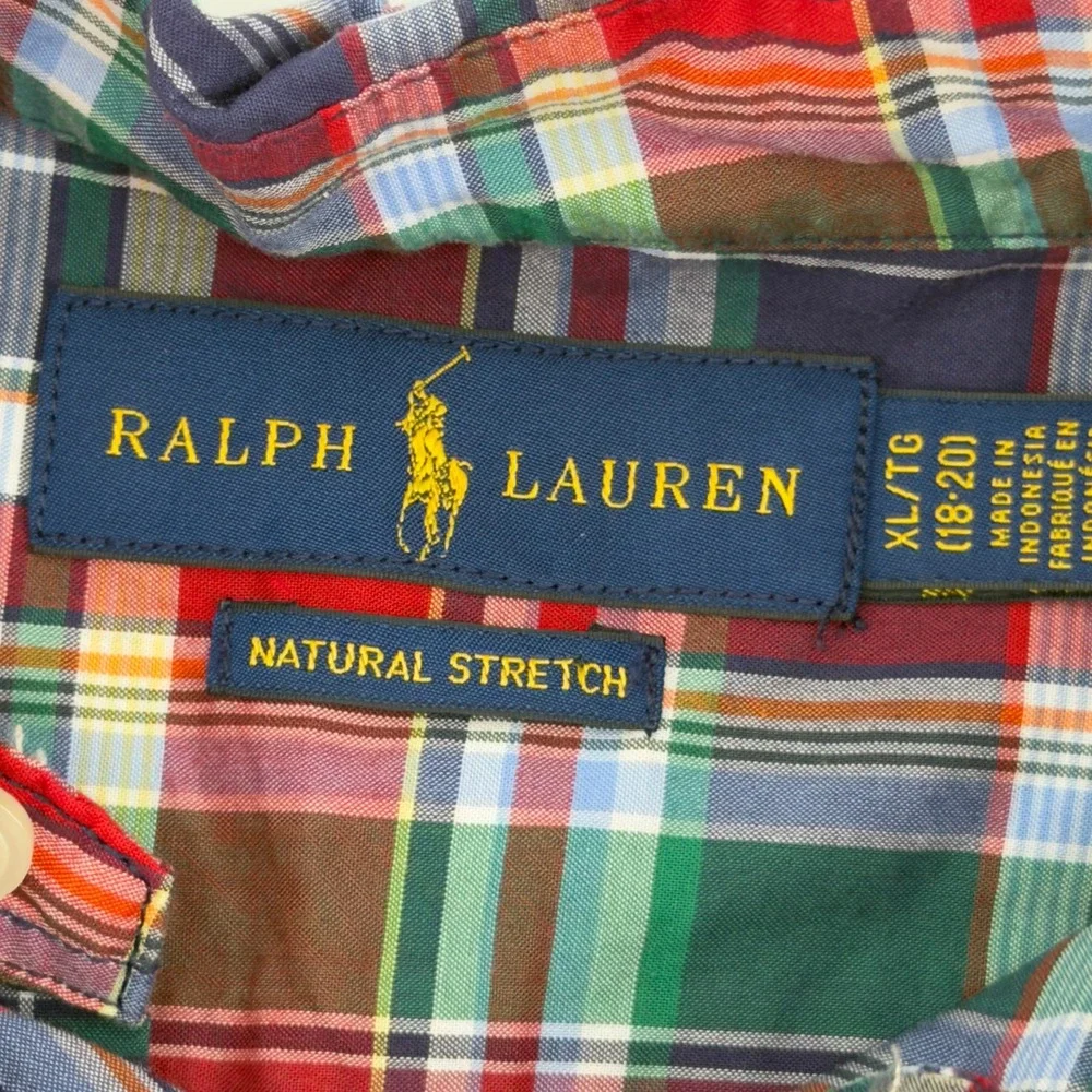 Ralph Lauren Kids Plaid Button Down Short Sleeve Shirt XL Natural Stretch Cotton